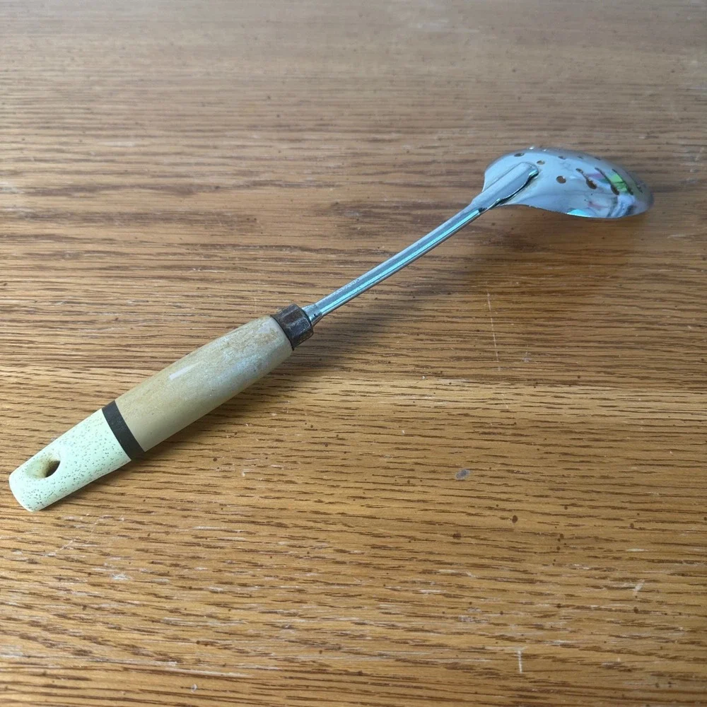 Vintage EKCO USA Chrome Slotted Serving Spoon Tan Speckled Glitter‎ Handle
